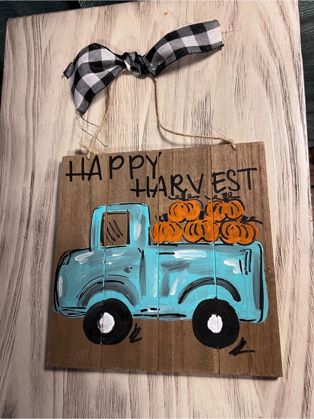 Happy Harvest Teal Truck Wooden Wall Hanging Fall Pumpkin Decor Sign